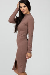 Mocha Ribbed Mock Neck Front Slit Dress