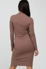 Mocha Ribbed Mock Neck Front Slit Dress