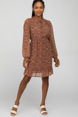 Rust Print Chiffon Long Sleeve Dress