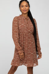 Rust Print Chiffon Long Sleeve Dress