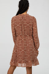 Rust Print Chiffon Long Sleeve Dress