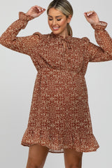 Rust Print Chiffon Long Sleeve Maternity Dress