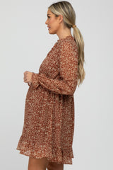 Rust Print Chiffon Long Sleeve Maternity Dress