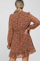 Rust Print Chiffon Long Sleeve Maternity Dress