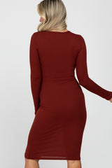 Burgundy Ribbed Fitted Long Sleeve Maternity Dress