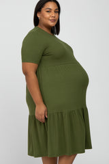 Olive Ribbed Tiered Maternity Plus Dress