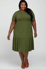 Olive Ribbed Tiered Plus Dress