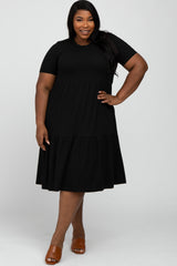 Black Ribbed Tiered Maternity Plus Dress