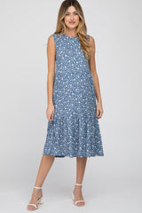 Blue Floral Ribbed Tiered Maternity Midi Dress