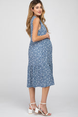 Blue Floral Ribbed Tiered Maternity Midi Dress