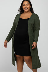 Olive Heathered Ribbed Side Slit Long Plus Maternity Cardigan