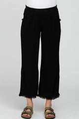 Black Linen Frayed Hem Crop Maternity Pants