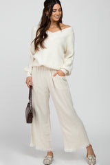 Cream Linen Frayed Hem Crop Pants