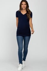 Navy Blue V-Neck Ruched Side Maternity Top