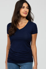 Navy Blue V-Neck Ruched Side Maternity Top