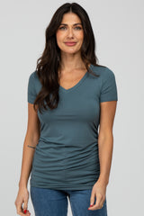 Teal V-Neck Ruched Side Top