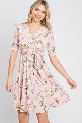 Light Pink Floral Waist Tie Maternity Dress