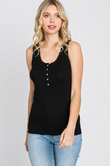 Black Ribbed Button Front Tank Top