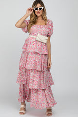 Pink Floral Square Neck Ruffle Layered Maternity Maxi Dress