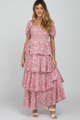 Pink Floral Square Neck Ruffle Layered Maternity Maxi Dress