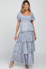 Blue Floral Square Neck Ruffle Layered Maternity Maxi Dress