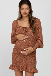 Rust Leaf Print Smocked Maternity Dress