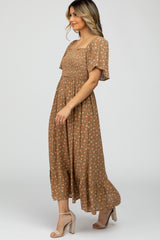 Camel Floral Smocked Square Neck Midi Dress