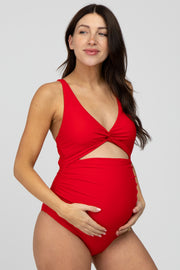 Red Ruched Sides Front Cutout Maternity One Piece Swimsuit