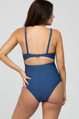 Navy Blue Ruched Sides Front Cutout Maternity One Piece Swimsuit