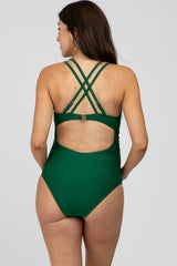 Green Ruched Side Strappy Cross Back Maternity One Piece Swimsuit