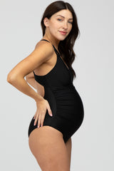 Black Ruched Side Strappy Cross Back Maternity One Piece Swimsuit