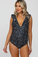 Black Animal Print Ruffle Maternity One-Piece Swimsuit