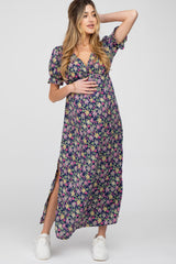 Navy Blue Floral Side Slit Maternity Maxi Dress