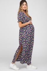 Navy Blue Floral Side Slit Maternity Maxi Dress