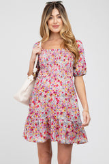 Fuchsia Floral Smocked Maternity Mini Dress