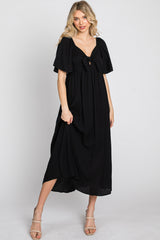 Black Front Tie Ruffle Sleeve Midi Dress