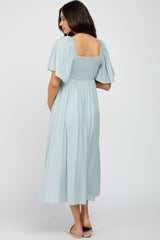 Light Blue Front Tie Ruffle Sleeve Maternity Midi Dress