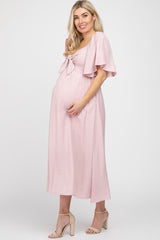 Light Pink Front Tie Ruffle Sleeve Maternity Midi Dress