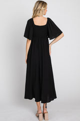 Black Textured Dot Front Tie Ruffle Sleeve Midi Dress