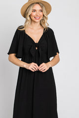 Black Textured Dot Front Tie Ruffle Sleeve Midi Dress