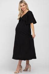 Black Textured Dot Front Tie Ruffle Sleeve Maternity Midi Dress