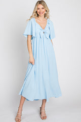 Light Blue Textured Dot Front Tie Ruffle Sleeve Maternity Midi Dress