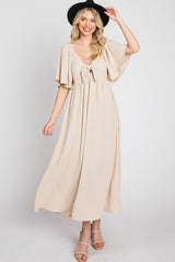 Beige Textured Dot Front Tie Ruffle Sleeve Maternity Midi Dress