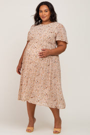 Beige Floral Pleated Chiffon Maternity Plus Midi Dress