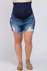 Navy Distressed Frayed Hem Plus Maternity Shorts