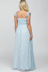 Light Blue Floral Chiffon Sweetheart Neck Off Shoulder Maternity Maxi Dress