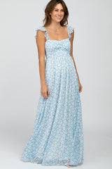 Light Blue Floral Chiffon Sweetheart Neck Off Shoulder Maternity Maxi Dress