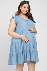 Light Blue Chambray Tiered Button Accent Maternity Plus Dress