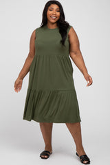 Olive Ribbed Sleeveless Plus Maternity Midi Dress