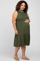 Olive Ribbed Sleeveless Plus Maternity Midi Dress